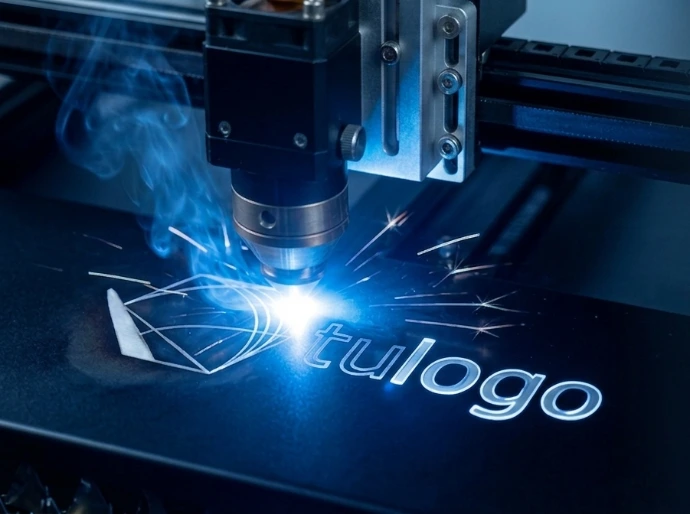 Máquina de grabado láser trabajando sobre una placa metálica con el texto "tulogo"
