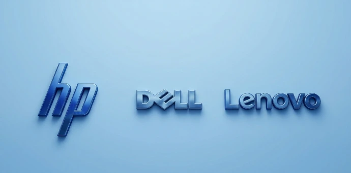 Logotipos de HP, Dell y Lenovo sobre fondo azul